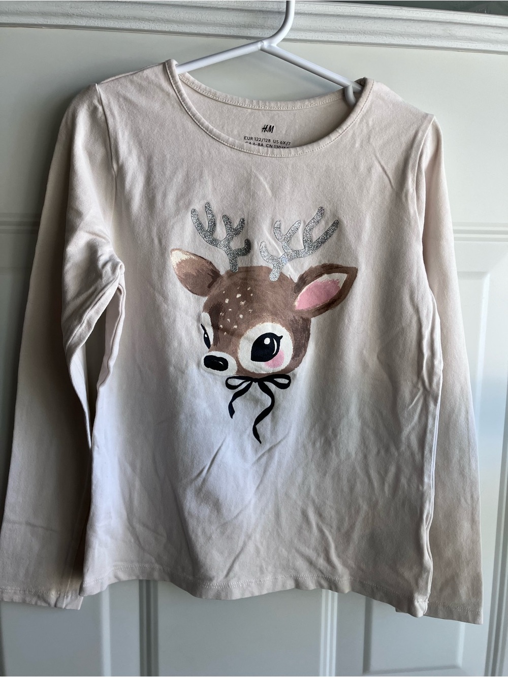 H&M Christmas holiday cream sparkly reindeer long sleeve shirt 6X 7